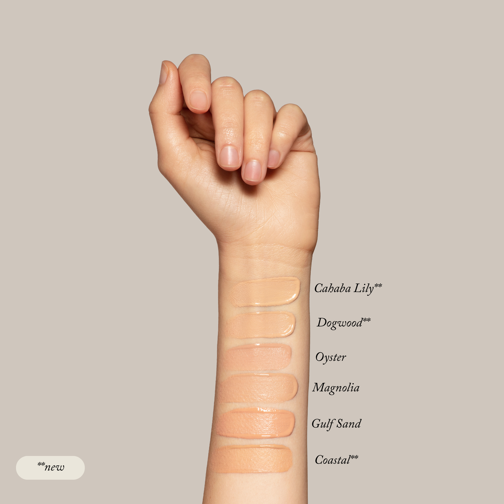 An arm shows swatches of six full coverage shades—Cahaba Lily, Dogwood, Oyster, Magnolia, Gulf Sand, and Coastal—from the Toups and Co Organics Sample Set - Liquid Foundation on a neutral background.