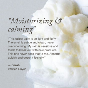 A glowing customer review for tallow balm, praising its light, non-oily texture and suitability for sensitive skin, overlaid on an image of white, fluffy balm.