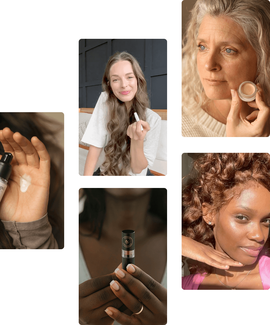 A collage of people applying beauty products, including a dropper serum, a concealer pot, a lip balm, and a lipstick.