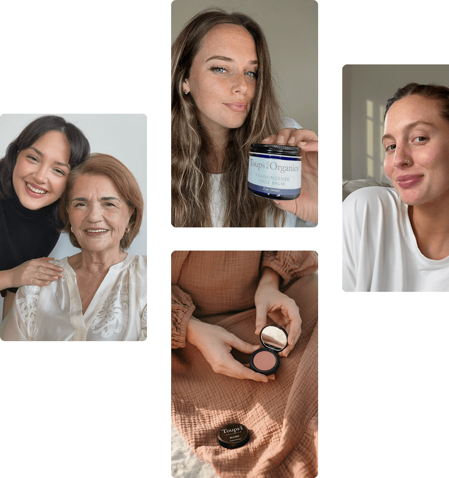 A collage of four images: two women smiling, a woman holding a jar of Toups and Co Organics frankincense face balm, a woman looking at the camera, and hands holding a compact of blush.