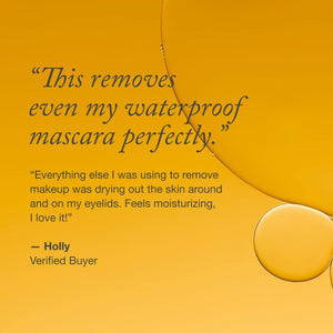 Customer testimonial from Holly, a verified buyer, praising a makeup remover for effectively removing waterproof mascara and moisturizing the skin.