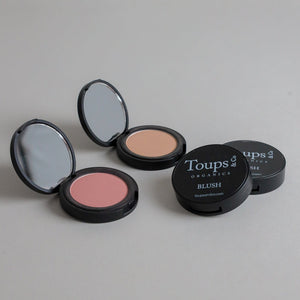 Open Toups & Co pressed mineral blush compacts with mirror. 